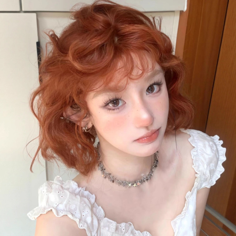 日系橘色假毛女短发网红复古卷卷刘海羊毛卷假毛增发自然全头套女|undefined