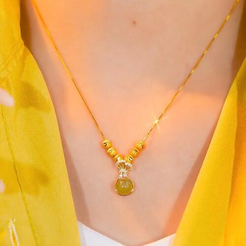 Redhead golden money bag pendant green jade Ruyi necklace pullable adjustable universal chain delicate collar chain 