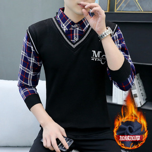 Men's Autumn and Winter Faux Two-Piece Knit Versatile Shirt Collar Jacket Sweater Inner Layer Fleece Base Shirt