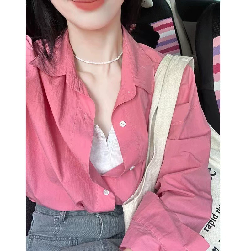 Женская рубашка для похудения Pure Desire Style Niche 2025, лето и осень, новая свободная универсальная однотонная рубашка с длинным рукавом для женщин.