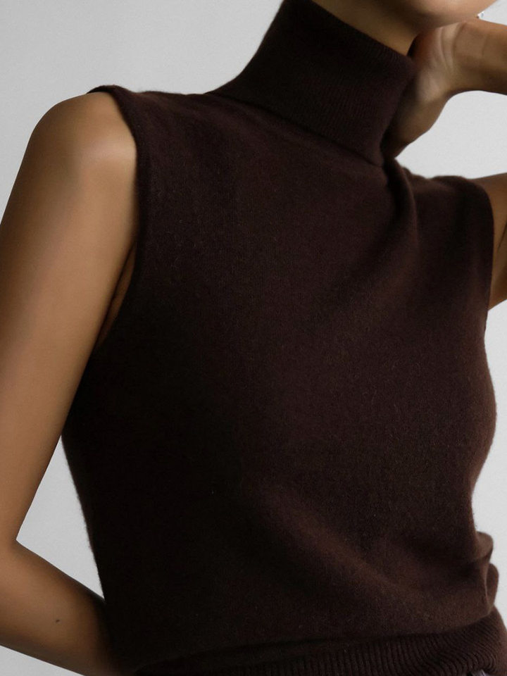 Bộ áo len dệt kim nữ cổ cao không tay kèm áo cardigan dáng suông — Áo vest màu nâu, Áo vest màu xám đậm, áo vest màu vàng, áo vest màu xanh chi tiết 77