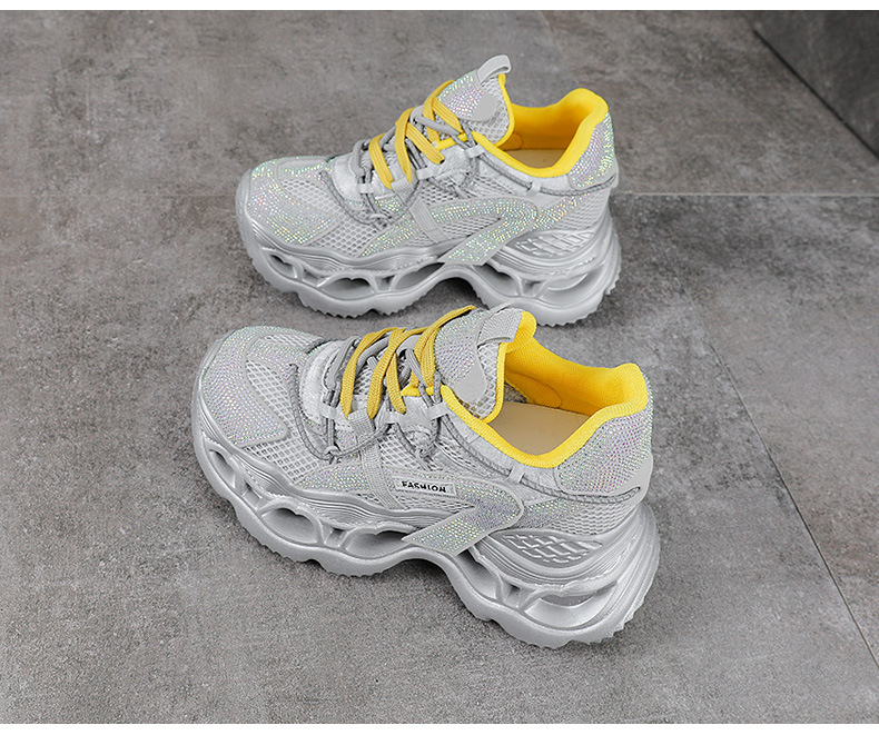 Giày sneaker nữ chunky đế dày da phối đá mesh thoáng khí — màu hồng chi tiết 14