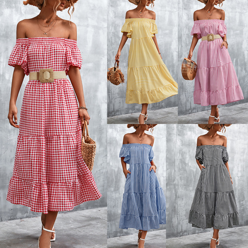 2026 Spring/Summer New Collection Wish Independent Site Ebay Classic Bestseller Off-Shoulder Plaid Dress with Large Hem for Women