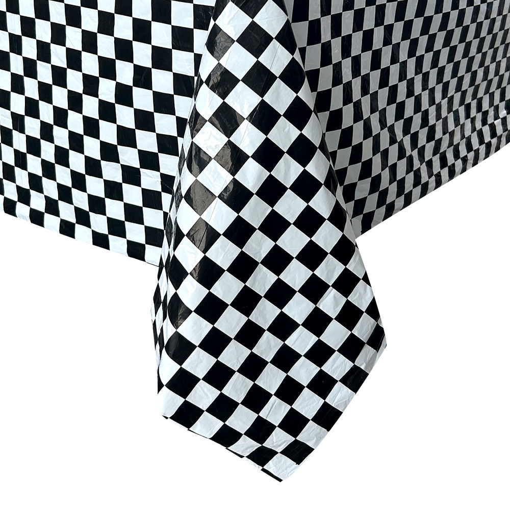 Suministros de decoración para fiestas de carreras, mantel desechable de peva engrosado con tablero de ajedrez, venta al por mayor, mantel impermeable, PE a cuadros blanco y negro