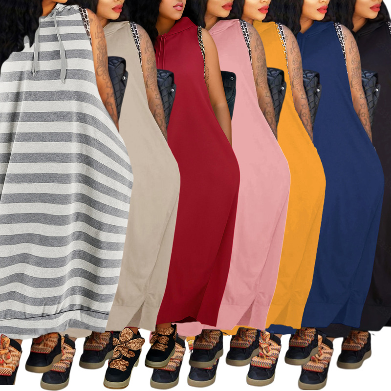 Hz61008 European and American Cross-Border Dress Summer Pocket Casual Sports Style Hooded Sleeveless Long Dress