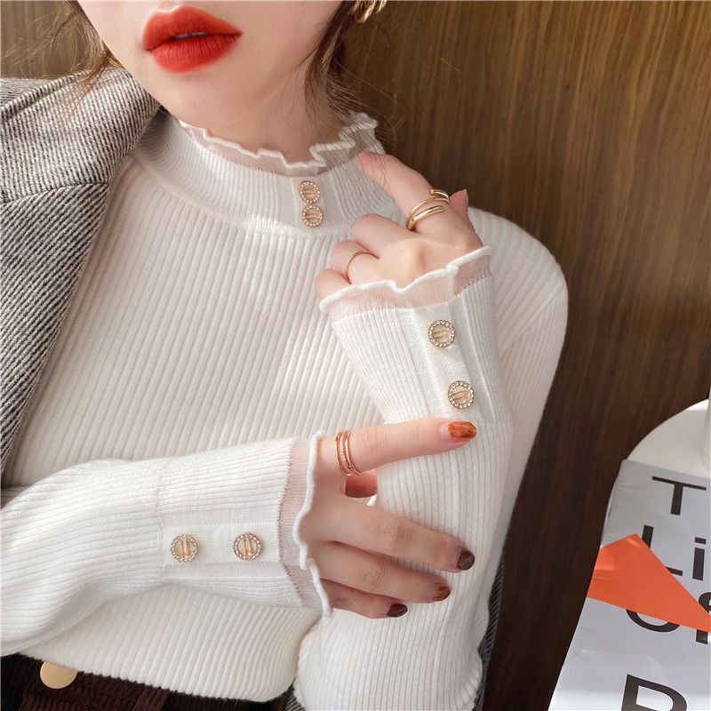 Lace half turtleneck bottoming shirt for women autumn and winter western style 2023 new sweater inner knitted autumn and winter top