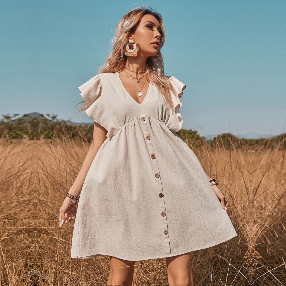 2026 Abbigliamento femminile transfrontaliero europeo e americano Nuovo abito da campagna versatile con scollo a V e fibbia a una fila, ampio e svasato, con scollo a V e vestibilità ampia, ideale per la campagna._voghion.com