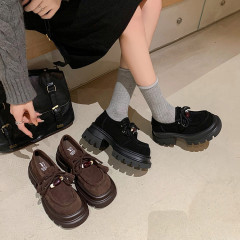 厚底粗高跟低帮单鞋女鞋秋季新款羊翻皮圆头系带串珠单鞋女小皮鞋