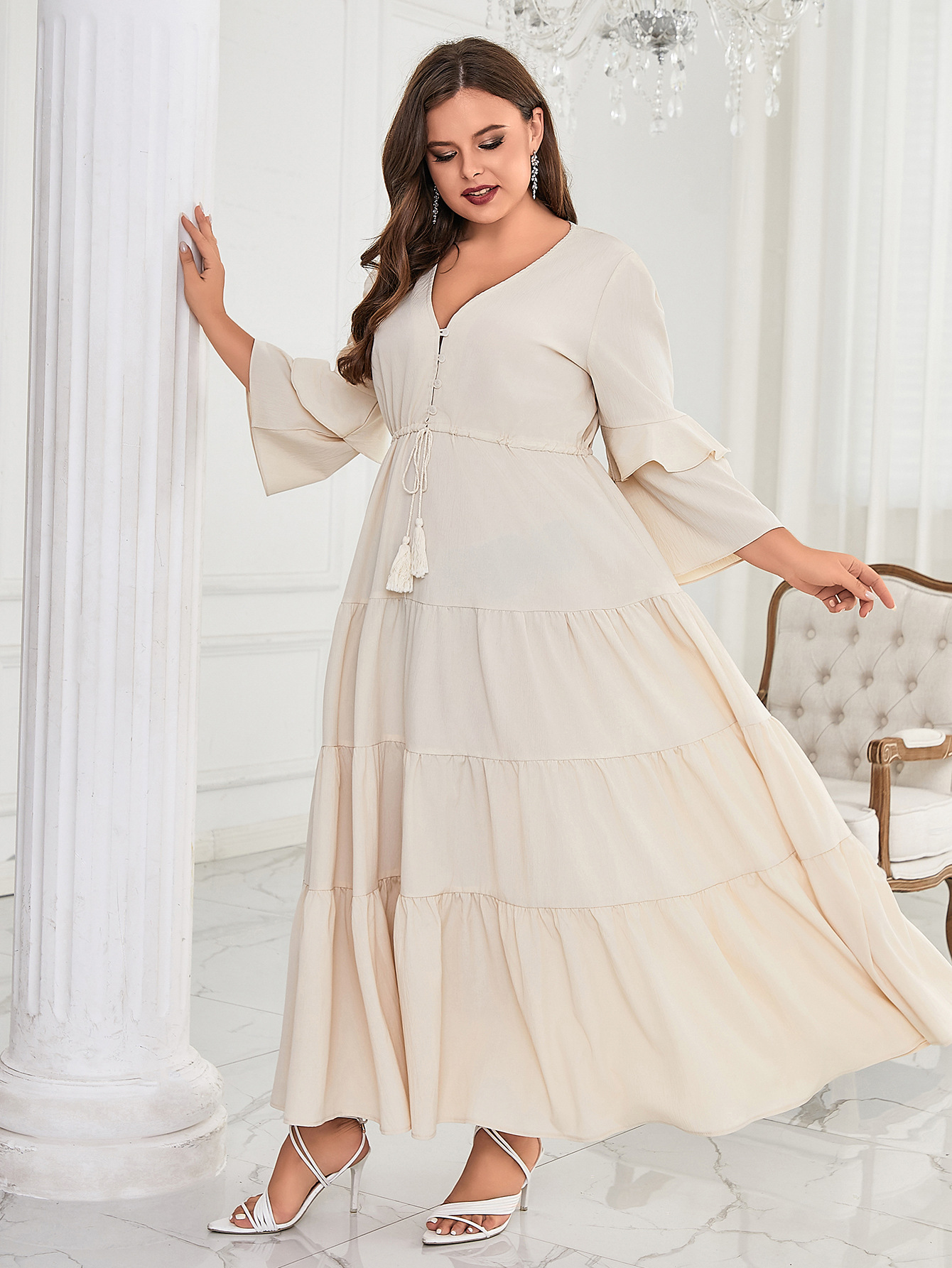 Aliexpress 2025 primavera y verano nuevo transfronterizo Amazon mujer moda casual de color sólido vestido de cuello en V image 4