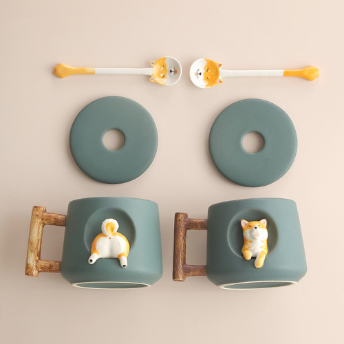 Ceramic creative personality cute mug with lid spoon for home couple men and women coffee cup Shiba Inu cup gift