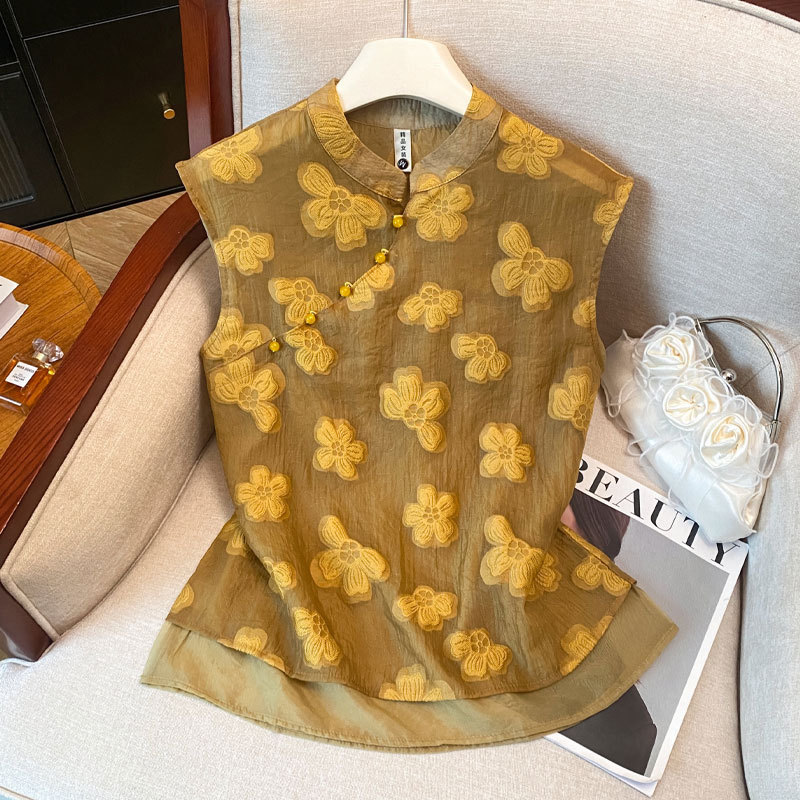 New Chinese Style National Style Top Silk Mulberry Silk Stand Collar Sleeveless Shirt Retro Oblique Placket Button Embroidered Shirt Women Summer