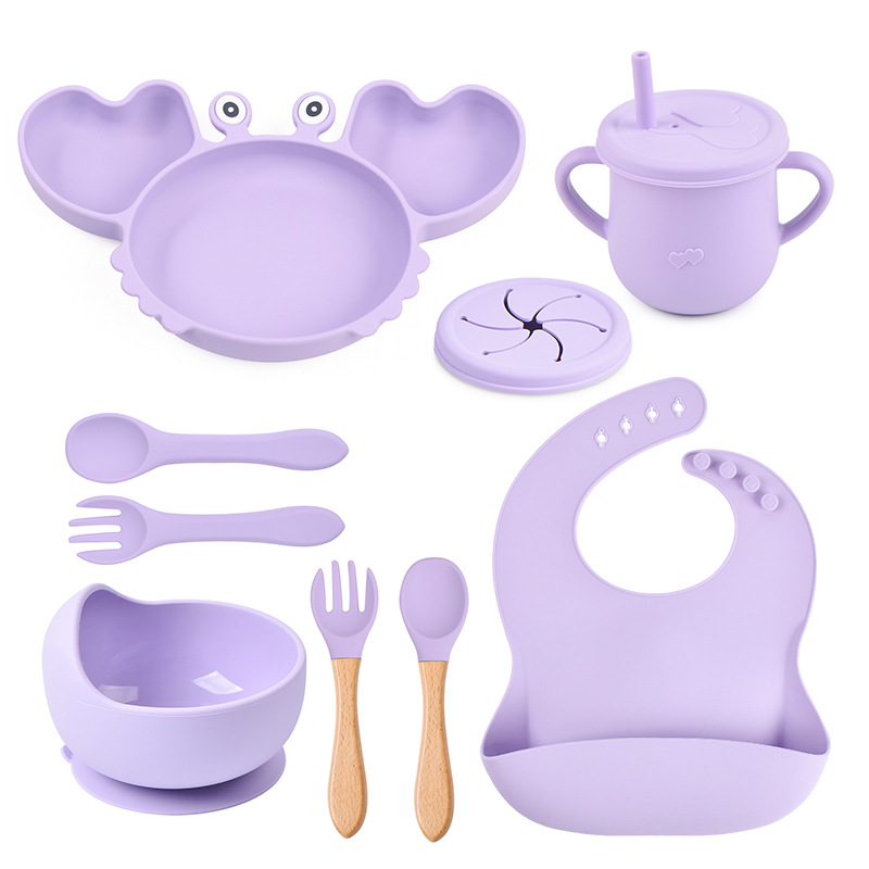 Set de vajilla para bebé de silicona de 9 piezas - Plato con forma de cangrejo, babero, plato dividido, cuchara, tenedor, taza