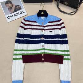 24年秋款羊毛多巴胺撞色彩条纹复古减龄百搭开衫毛衣外套女