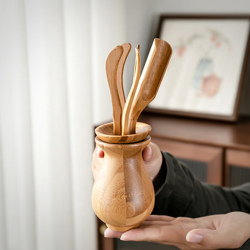 Tea Ceremony Accessories Organizer, Foldable Six Gentlemen Tea Set Tools: Tea Needle & Tea Tongs, Bamboo Tea Attendant Five Gentlemen Set