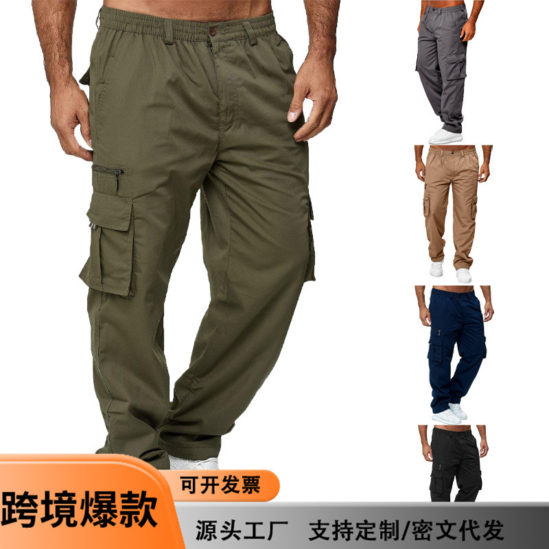 Cross-Border Foreign Trade American-Style High Street Workwear Pants with Elastic Waist, Loose Fit, Trendy Multi-Pocket Men's Casual Pants