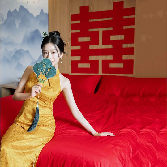 New Chinese Cheongsam Toast Dress Chinese Style Morning Dress Yellow Dress Bride Wedding Engagement Banquet Dress Autumn