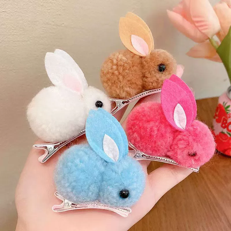Demi-season cute plush three dimensional rabbit, cartoon hairgrip, children's hair rope, wholesale