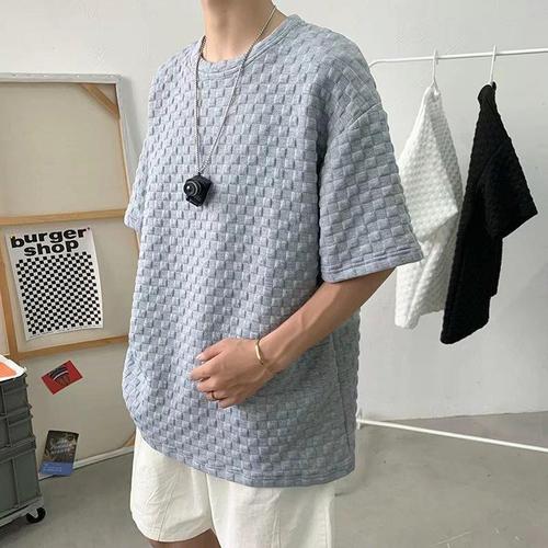 Men's 2025 Half-Sleeve Ins Trendy Loose 5-Button Collared T-Shirt with Hong Style Honeycomb Pattern