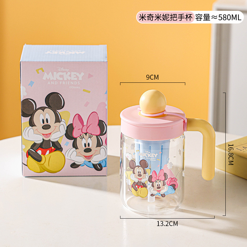 Nueva taza de agua de vidrio de Disney, alta resistencia a altas temperaturas, pajita de gran capacidad con tapa, taza de mango con fugas de té de alto valor