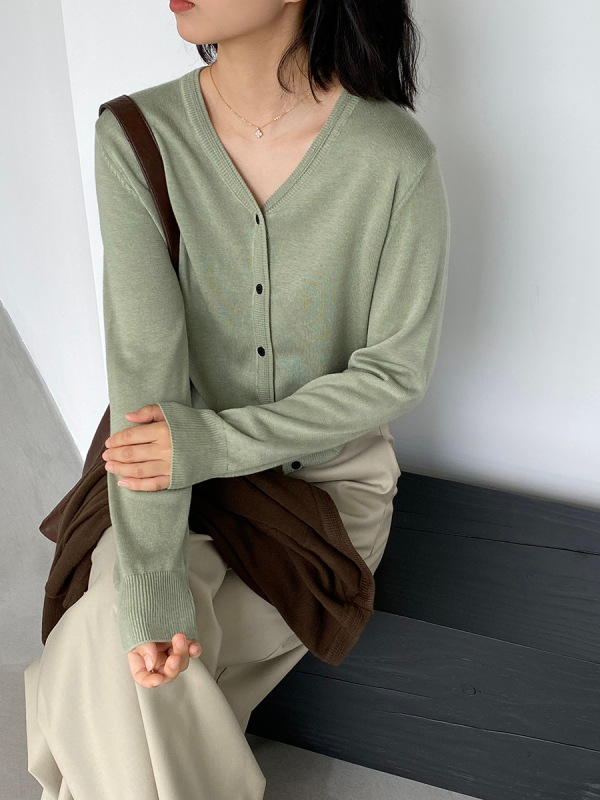 江左 10羊毛韩系休闲简约V领针织开衫女秋减龄百搭长袖上衣 U1248|undefined