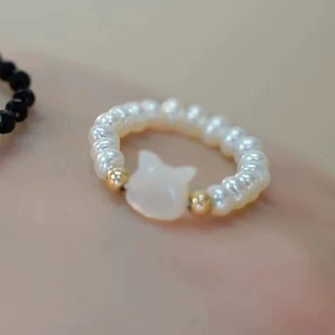 14K gold extremely thin black cat ring Japanese crystal stone black crystal personality bead string ring trendy gold plated