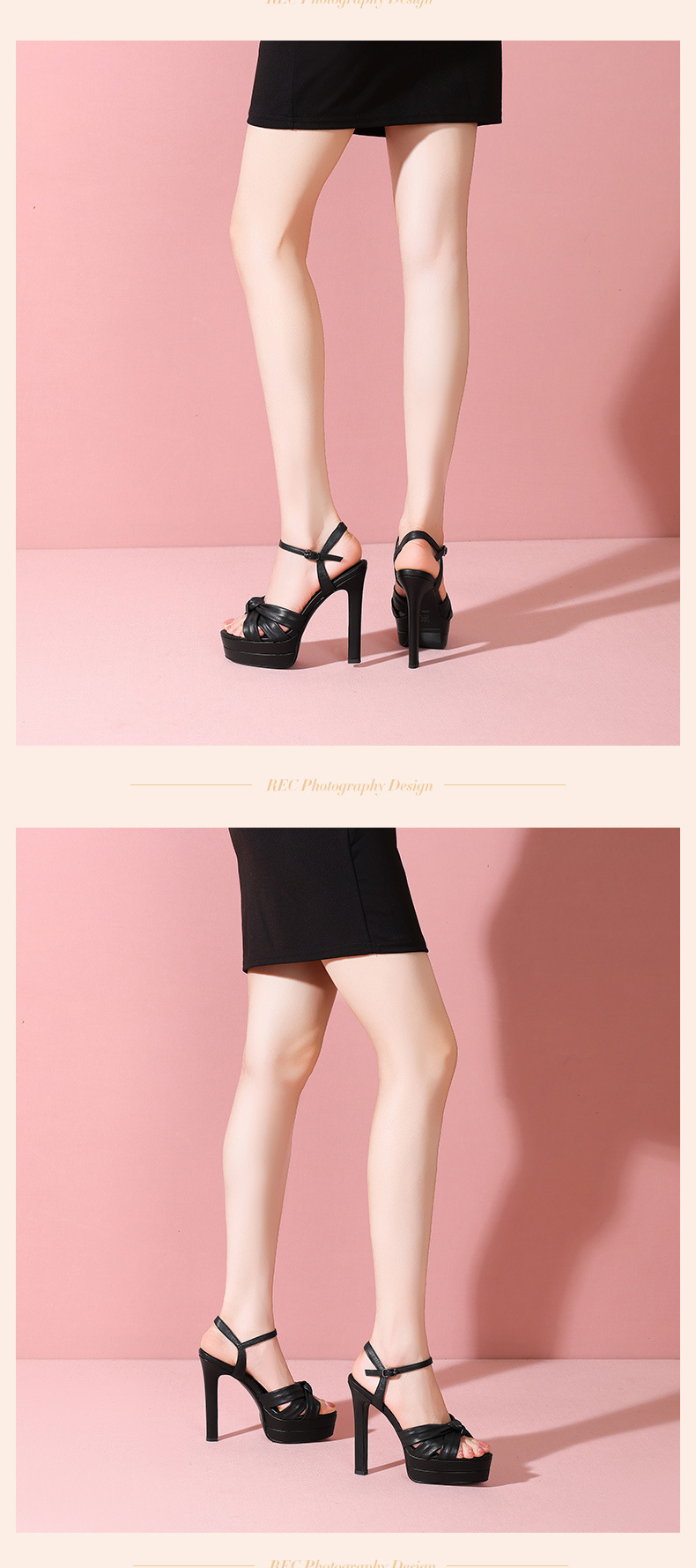 Sandal cao gót nữ hở mũi quai ngang da thật gót 13 cm — đen chi tiết 8