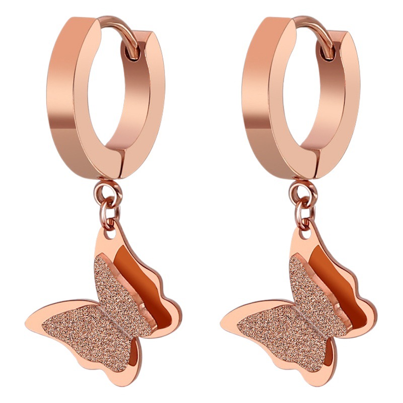 Wenjian moda titanio acero 18K oro rosa mariposa oído espárragos de las mujeres de estilo coreano esmerilado lindo dulce pendientes todo a juego