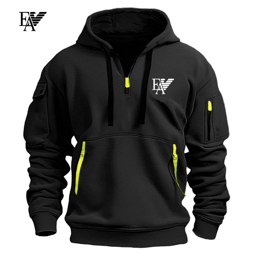 Трансграничная мужская толстовка с несколькими карманами на молнии, пуловер плюс бархатный верх, повседневная спортивная мужская одежда с капюшоном, в наличии