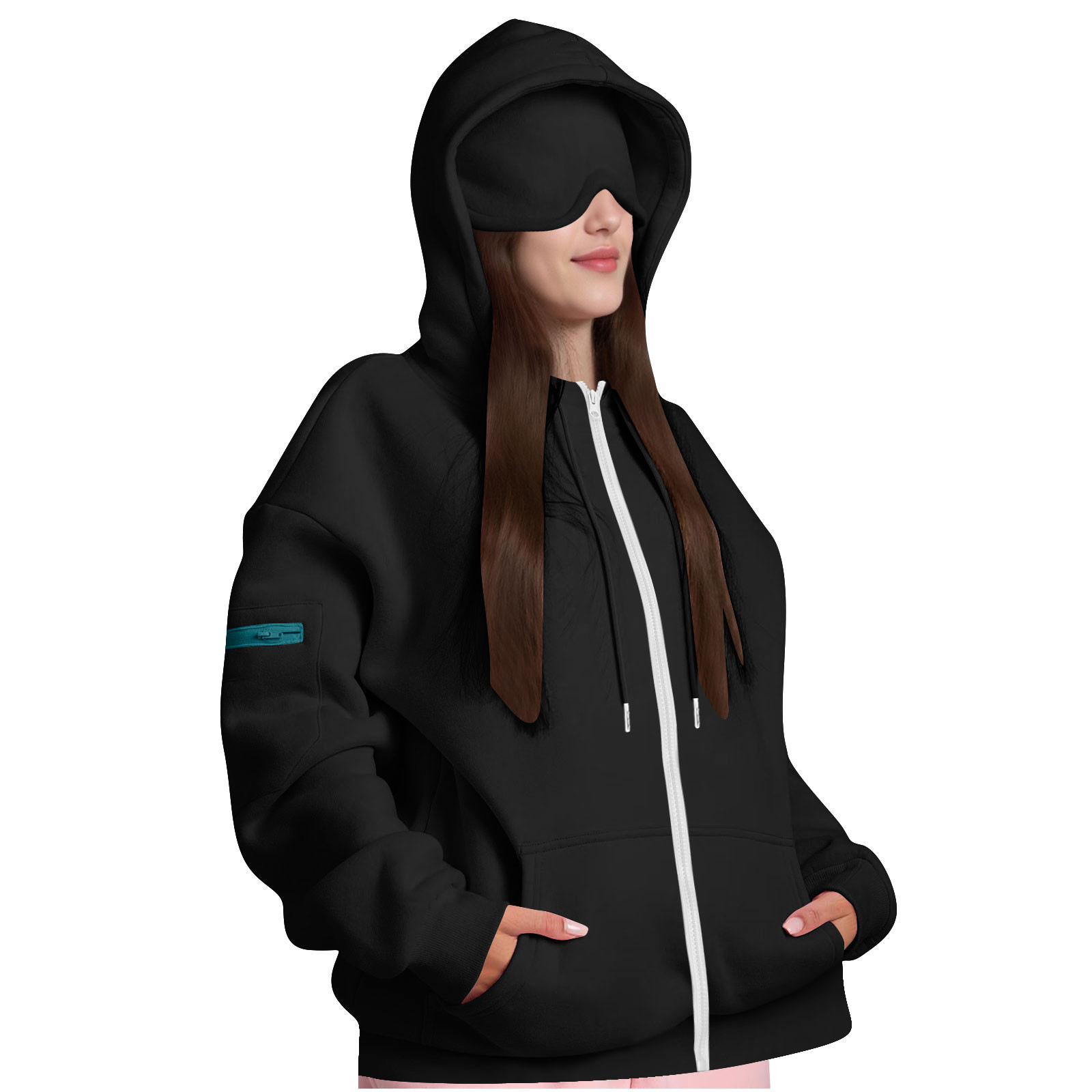 2025 European and American Cross-Border Hooded Sweatshirt New Women's Top with Eye Mask Hooded Cardigan Zipper Sweatshirt