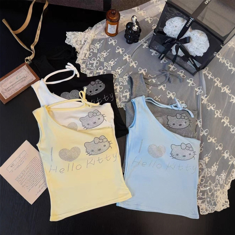 Summer New Sweet and Spicy Cartoon Rhinestone Single-Shoulder Vest Slim Fit Versatile Art Group with Chest Pad Slimming