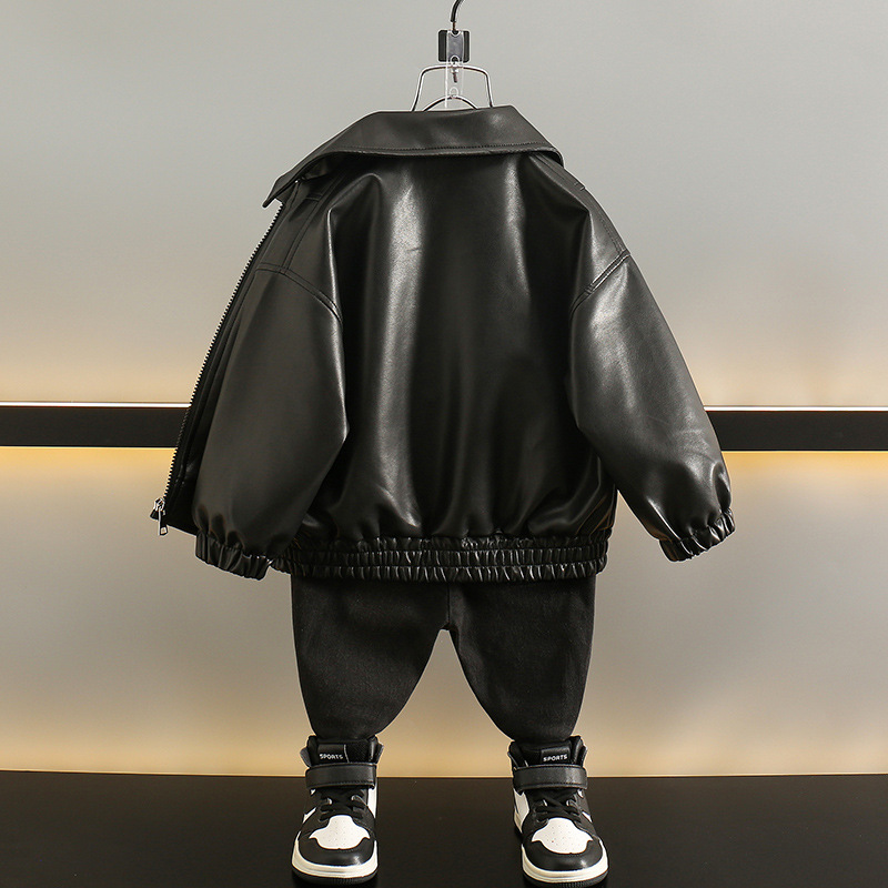 소년의 봄과 가을 PU 가죽 코트 2024 새로운  가을 옷 이피 잘 생긴 어린이 거리 재킷 탑