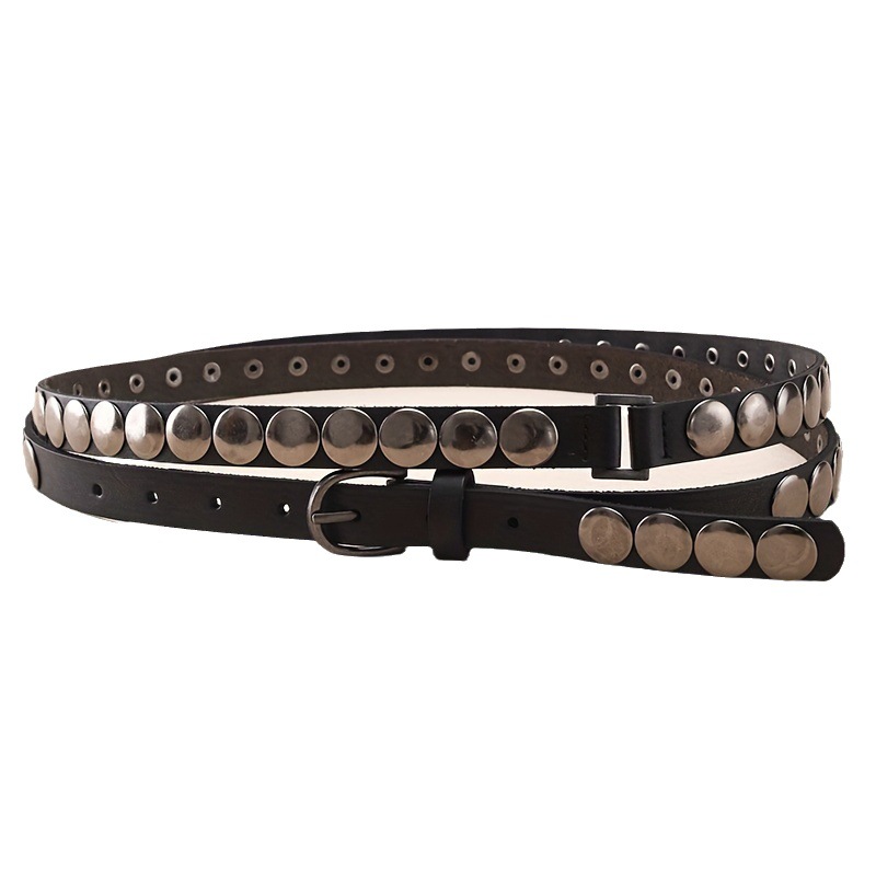 Neuer Y2K Niet Punk Gürtel Retro echtes Leder Damen erweiterter Doppelkreis dünner Gürtel_voghion.com
