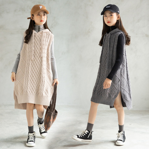 Girls Dress Autumn and Winter Korean Style Children's Clothing Girls Hooded Thickened Sweater Knitted Skirt Casual Sports Vest