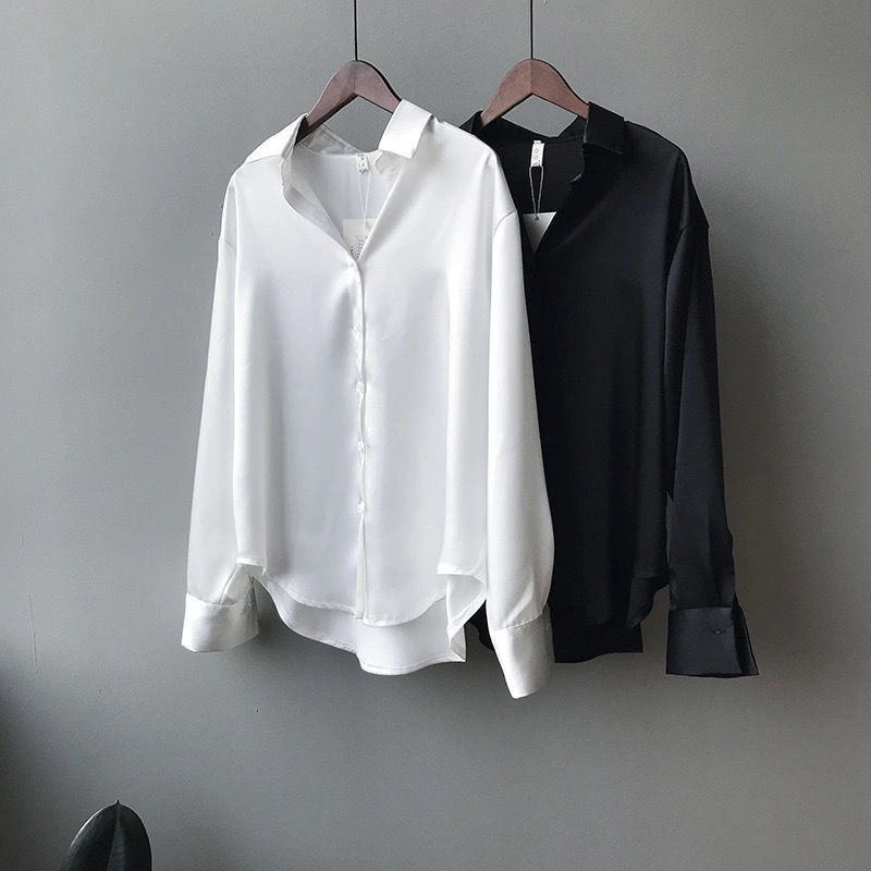 Women's Clothing acetate satin shirt women's glossy outer wear drape long sleeved shirt design niche light mature top spring_voghion.com