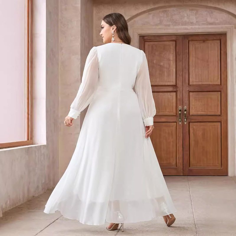 Large Size New European and American Foreign Trade Elegant Solid Color Slim Long-Sleeved Waist Women's Long Chiffon Dress