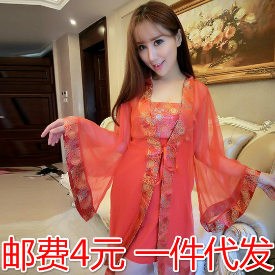 Female Bride's Long Dress Sexy Pajamas Sexy Underwear Temptation Uniform Chest Bellyband Kimono Bathrobe Home Suit