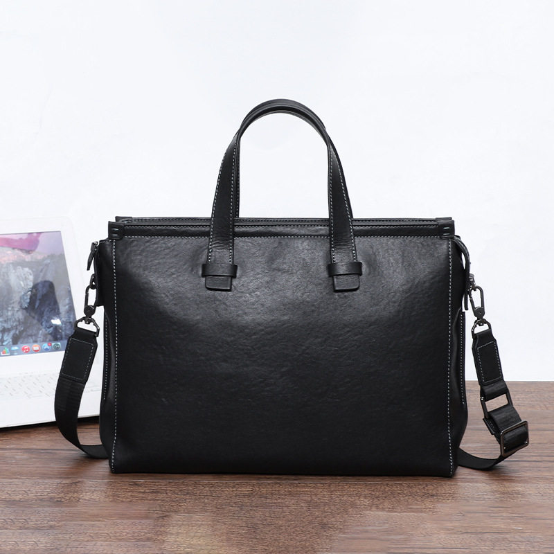Túi xách tay nam da bò thật công sở đựng tài liệu laptop dung tích lớn 38×11×26 cm — Màu đen da thực vật