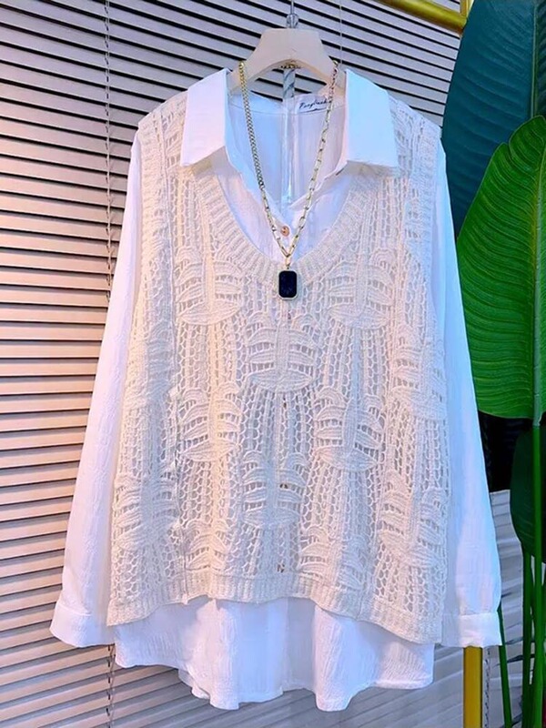 New Plus-Size Women's Fashion for Curvy Women: European-Style Fashionable Knitted Crochet Vest Paired with a Simple Shirt Set