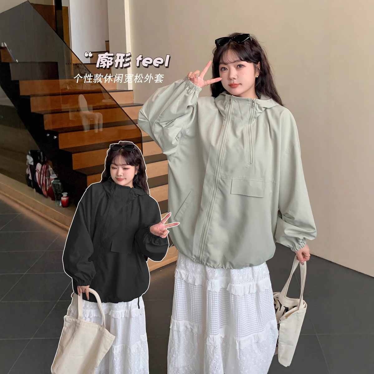 K2797 Autum New Fat Girl Plus Size Women's Casual Jacket Asymmetric Double Zipper Hooded Jacket