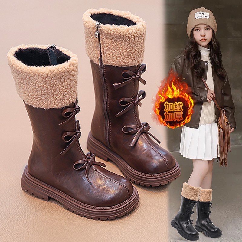 Children's Boots 2025 New Autumn and Winter Girls' Leather Shoes Short Boots Fleece-Lined Girls' Autumn and Winter Big Kidsren's Shoes Princess Boots