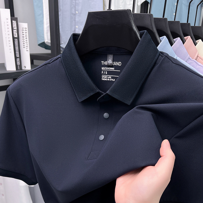桑蚕丝T恤男短袖纯色夏季中年男士休闲吸汗透气宽松翻领polo衫男
