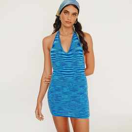 2023春夏季跨境电商女装度假 性感包臀露背深V撞色毛衣针织连衣裙