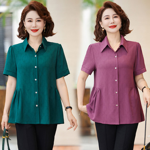 Wholesale Mom Summer Lapel Women's Short-Sleeved Shirts 2025 New Middle-Aged Women's Fashionable Belly-Covering Shirts Short-Sleeved