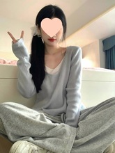 假两件蓝色领长袖针织衫女秋冬内搭打底衫早春薄款毛衣针织上衣