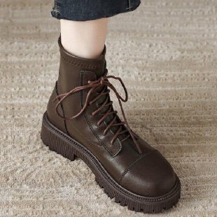 Brown Martin Boots for Women with Hidden Height Increase, 2024 New Autumn and Winter Style, Fleece-Lined, Thick-Soled, British Style, Genuine Leather Ankle Boots