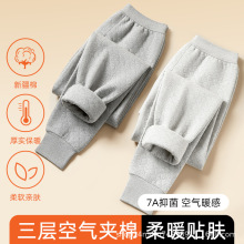 100%纯棉保暖裤棉质三层加厚秋冬夹棉打底裤宽松大码中年女棉毛裤