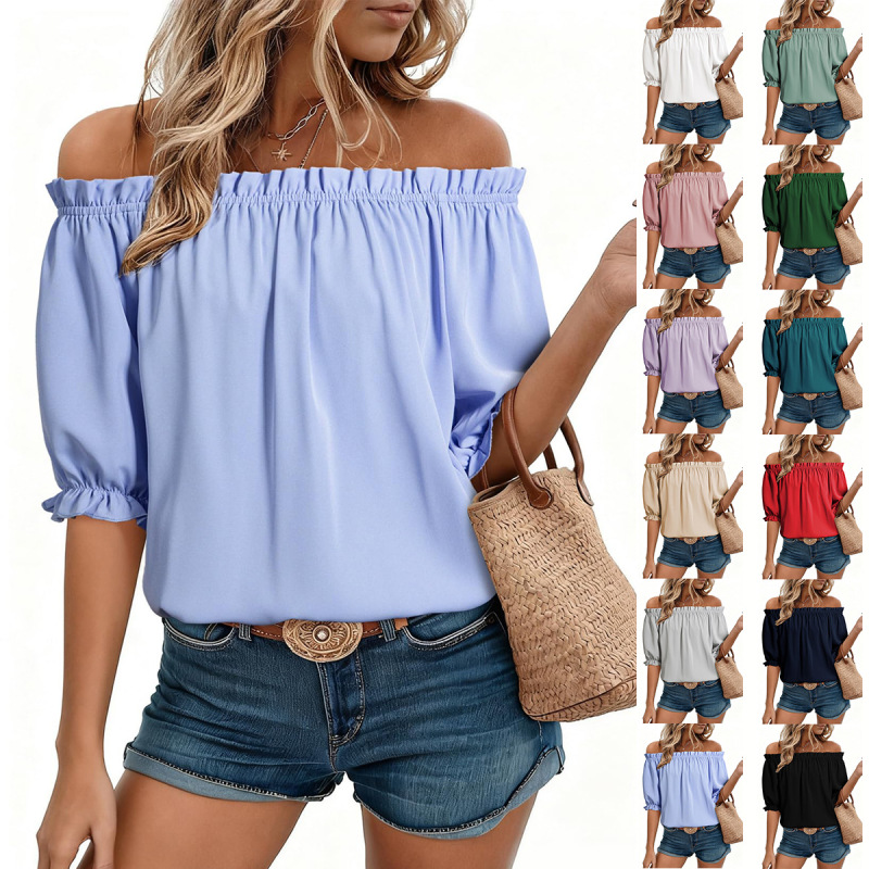 European and American Women's Clothing 2026 Spring and Summer New Products Amazon Independent Site Ebay Cross-Border Hot-Selling Off-The-Shoulder Ruffled Shirt for Women European and American Women's Clothing 2026 Spring and Summer New Products Amazon Independent Site Ebay Cross-Border Hot-Selling Off-The-Shoulder Ruffled Shirt for Women