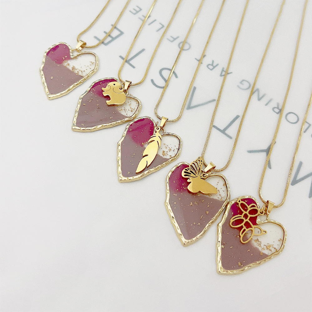 Fashion Animal Heart Shape Butterfly Stainless Steel Epoxy Pendant Necklace Colorza_colorza_3