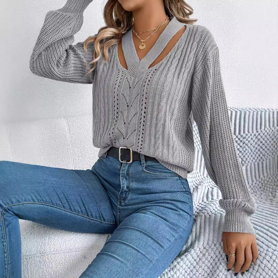 Women's Clothing Real shot of 2024 autumn and winter casual hollow V neck twisted lantern sleeve pullover sweater women's clothing_voghion.com