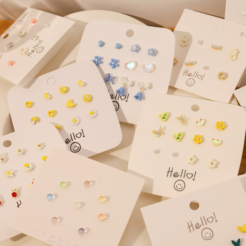 Simple and small silver needle earring set, heart geometric earring combination, cute and sweet, versatile earring accessories for booth wholesale
